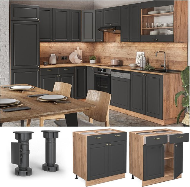 Vicco Küchenunterschrank Fame-Line Landhaus Eiche Anthrazit-Gold Breite: 80 cm - Bild 1