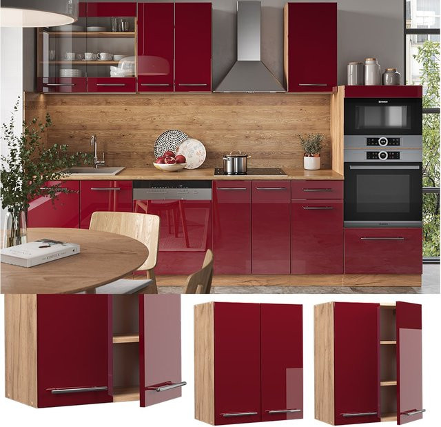 Vicco Hängeschrank Fame-Line Küchenschrank in Eiche Rot Bordeaux Hochglanz mit Softclose-Scharnieren und Einlegeboden, Breite: 60 cm - Bild 1