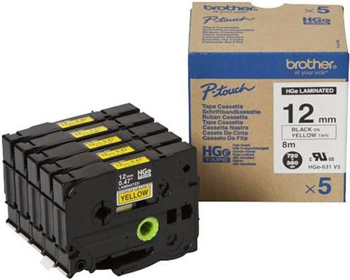 Brother HGe-631V5 Schriftband Set mit 5 Rollen, Farbe Gelb mit schwarzer Schrift, Breite: 12 mm, Länge: 8 m pro Rolle - Bild 1