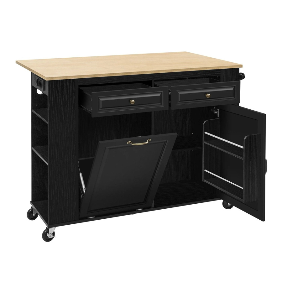 okwish Kücheninsel mit Rollen und Ausziehtisch in Schwarz, inklusive Abfallbehälterfach und Handtuchhalter, B: 120 cm, T: 40 cm, H: 70-92 cm - Bild 2