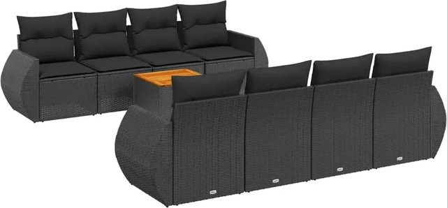 vidaXL 9-teilige Garten-Sofagarnitur mit Kissen aus Poly-Rattan und Akazienholz in Schwarz - Bild 1