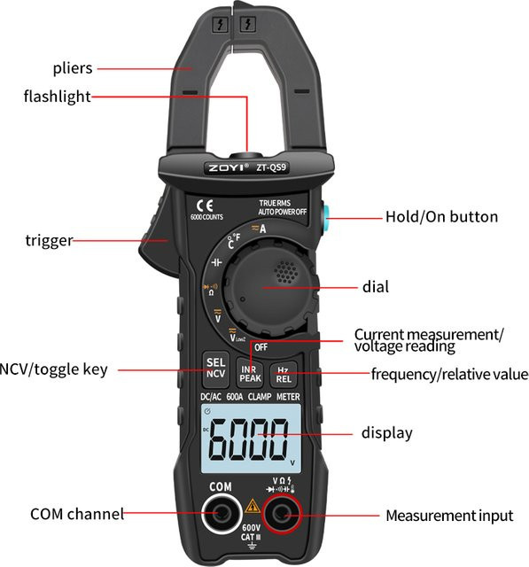 ZOYI Digitales Zangenmessgerät 600A True RMS Smart-Zangenamperemeter in Schwarz mit Auto-Range-Funktion, Multimeter für DC/AC Spannung, Hz, Ohm und NCV Tester - Bild 1