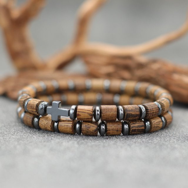diffone Armbandset Herren, Holz, Kreuz-Hämatit, Perlen - Bild 1