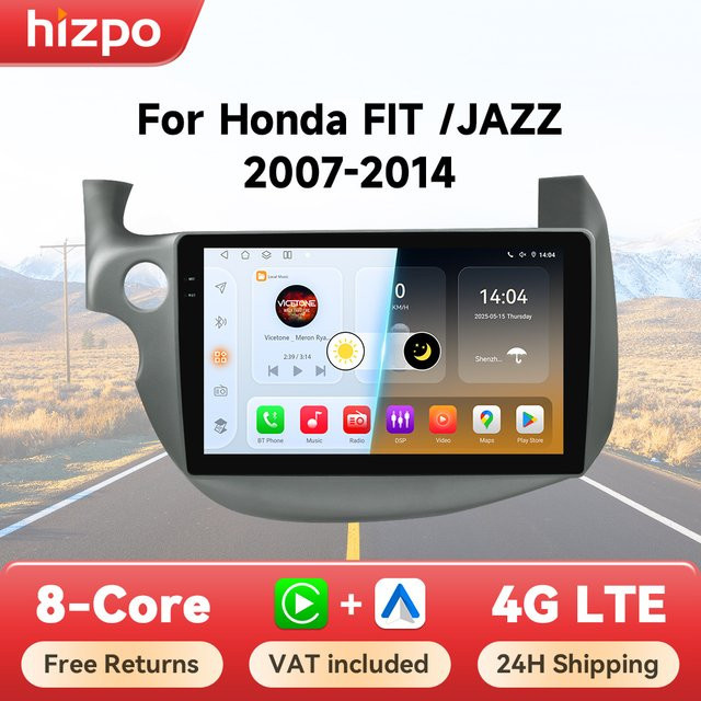 Hizpo Android 14 Autoradio Multimedia Navigationsgerät mit GPS, Bluetooth und AI Sprachsteuerung für Honda Fit Jazz 2007 - 2013, Schwarz, 2 Din - Bild 1