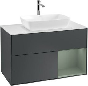 V&B Waschtischunterschrank Finion 100 in Weiß mit Olivenholz-Akzenten und mattblau lackierter Oberfläche, B/T/H: 100 x 50,1 x 50,1 cm - Bild 1