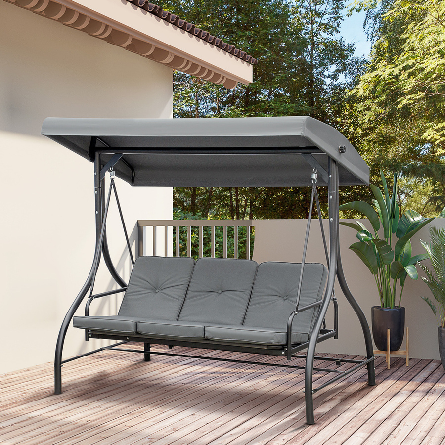 Outsunny 2 in 1 Hollywoodschaukel mit Liegefunktion als 3-Sitzer Gartenschaukel mit verstellbarem Sonnendach, Dunkelgrau, B/T/H: 195 x 117 x 175 cm - Bild 2