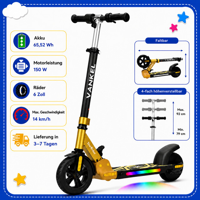Vankel Elektrischer Kinder-Escooter, Klappbar, LED Beleuchtung, ab 6 Jahren - Bild 1