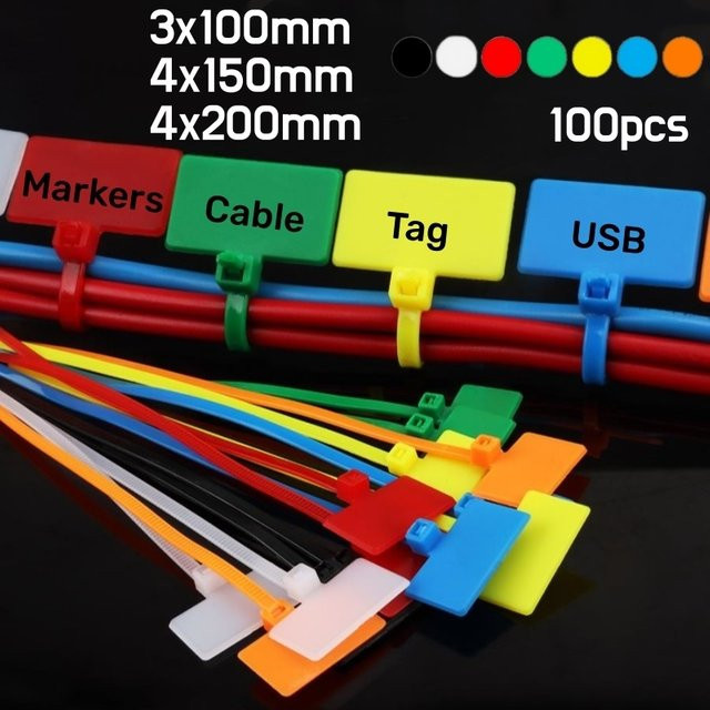 100 Stück Nylon-Marker-Kabelbinder in Weiß zur Organisation von Drähten, Kunststoff-Etiketten mit Schlaufe, Maße: 3 x 100 mm und 4 x 150/200 mm - Bild 1