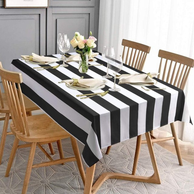 Wasserdichte Tischdecke von JINGYUE Pet mit schwarz-weißem Streifenmuster für rechteckige Tische, B/B: 140 x 300 cm - Bild 1