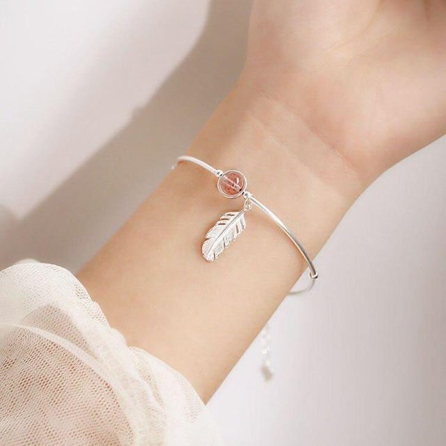 Armband 925 Sterlingsilber, Erdbeerkristall Perlen, Feder Anhänger, Damen - Bild 1