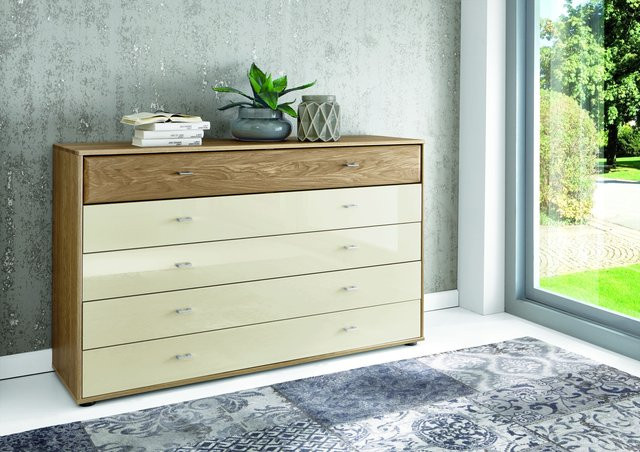 Kommode MONDO WEGA in Eiche und Beige, modern und teilmassiv mit Soft-Close-Schubladen, B/T/H: 141 x 43 x 86 cm - Bild 1