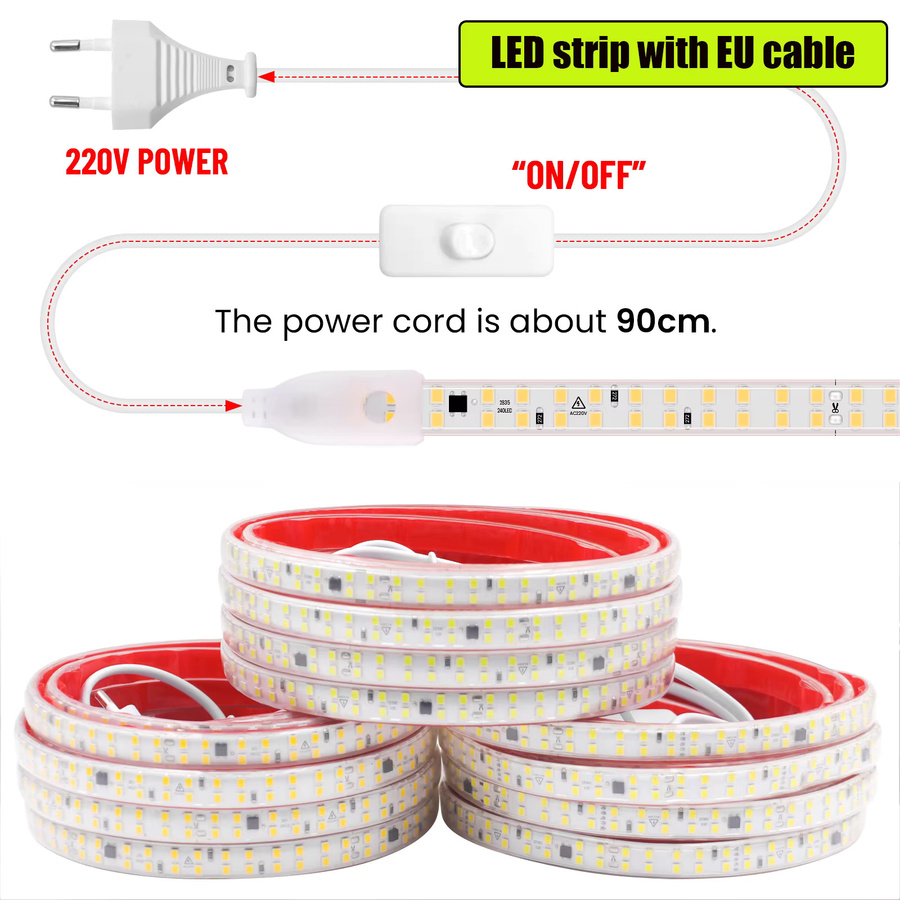 HEGEHE LED-Streifen wasserdicht mit 240 LEDs/m für Heimdekoration AC 220 V flexibler Bandstreifen mit selbstklebendem Klebeband - Bild 3