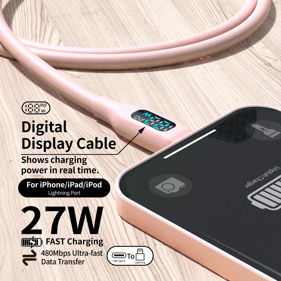 LAIHONEN MFi-zertifiziertes USB-C auf Lightning Schnellladekabel mit LED-Anzeige in Macaron-Rosa für iPhone 8-14 Pro Max, 27W - Bild 2