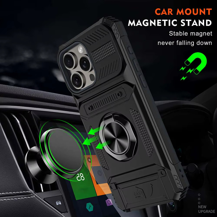 Magnetische Schutzhülle für Apple iPhone 16 Pro Max, 15, 14, 13, 11, 7, 8 Plus mit Kartenfach und Ring für die Rückseite in Schwarz und Grün - Bild 2