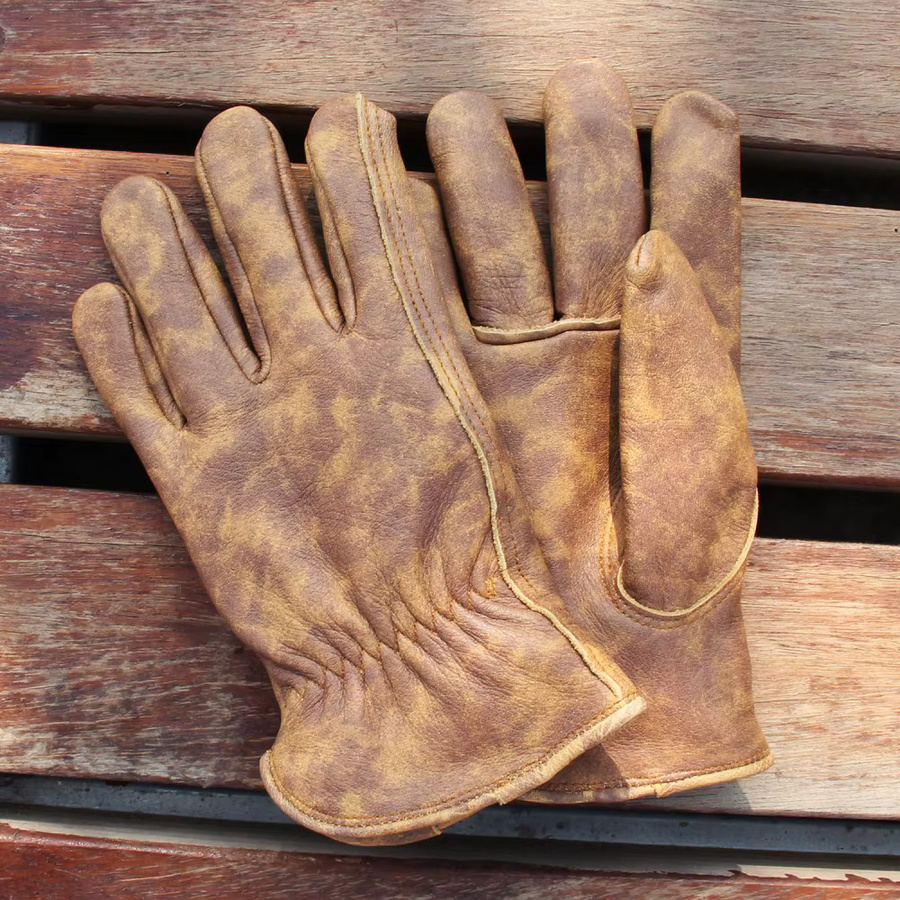 Vintage Distressed Arbeitshandschuhe aus genarbtem Rindsleder in Braun - Bild 2