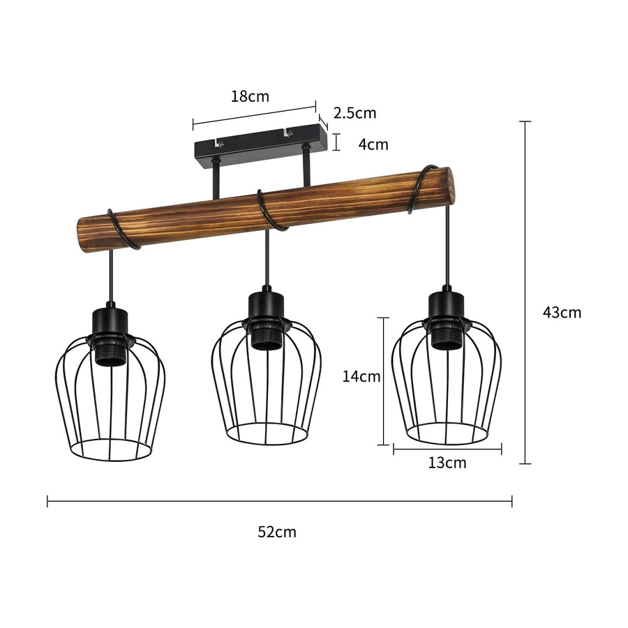 Cliheet 3-flammige Deckenleuchte im Retro-Stil aus Holz und Metall, Schwarz, Industrielles Design mit E27 Fassung für Wohnzimmer und Küche - Bild 2