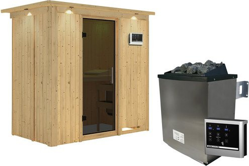 Karibu Sauna Pärnu aus Fichtenholz in Beige inklusive 9 kW Saunaofen mit externer Steuerung für 2 Personen B/T/H: 210 x 132 x 202 cm - Bild 1