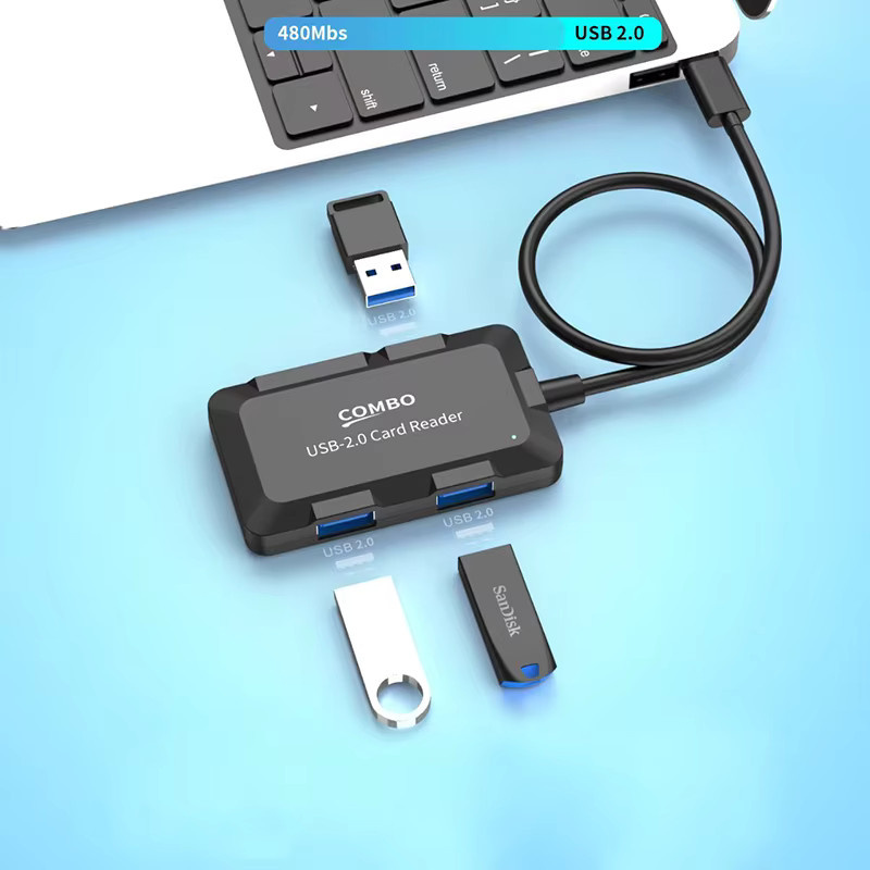 OULLX 5-Port USB 2.0 Hub mit Micro-SD TF Kartenleser und Datenübertragungskabel, USB Kombi Konverter Adapter in Schwarz - Bild 4