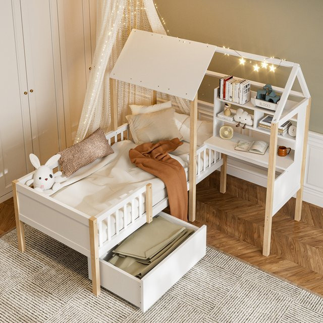 Multifunktionales Kinderkabinenbett aus Massivholz in Weiß mit L-förmigem Schreibtisch, Bücherregal, rollenden Schubladen und Sicherheitsgeländer, B/T/H: 90 x 200 x 205 cm - Bild 1