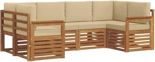 vidaXL Sofagarnitur aus Massivholz Akazie in Natur-Beige, 20-teiliges L-Shape Ecksofa-Set mit Kissen und Latten-Design - Bild 1