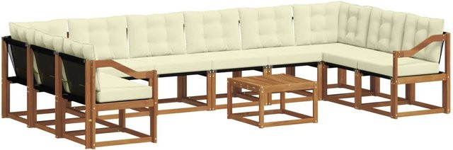 vidaXL Outdoor-Sofagarnitur aus Akazienholz mit 11-teiligem Set, Textilene und Kissen, Natur und Creme - Bild 1