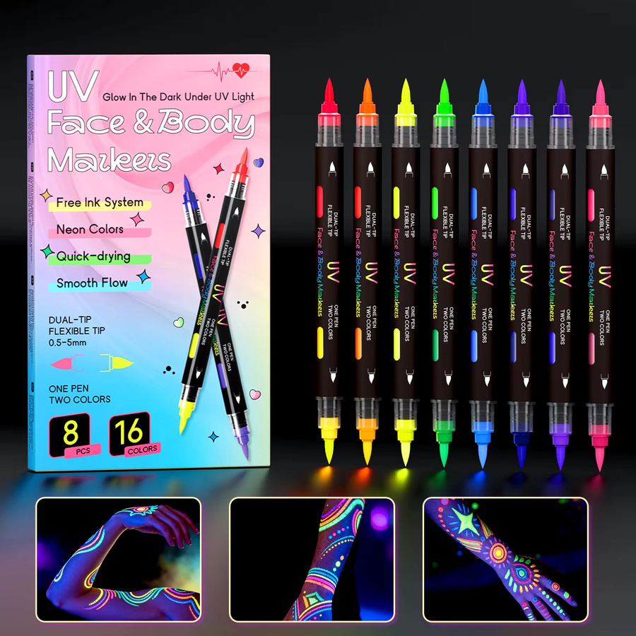 8er-Pack 16-farbige UV-Leuchtmarker in Multicolour, schnelltrocknende Neonfarbmarker mit Doppelspitzen für Graffiti und kreatives Zeichnen, abwaschbar und radierbar - Bild 2