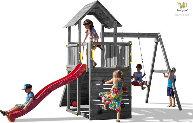 Fungoo Spielturm Carol 3 Klettergerüst in Grau mit Rutsche, Schaukel, Kletterwand, Rampe und Holzdach - Bild 1
