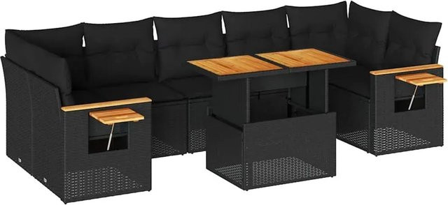 vidaXL 8-tlg. Garten-Sofagarnitur in L-Form aus Poly-Rattan und Akazienholz, Schwarz - Bild 1