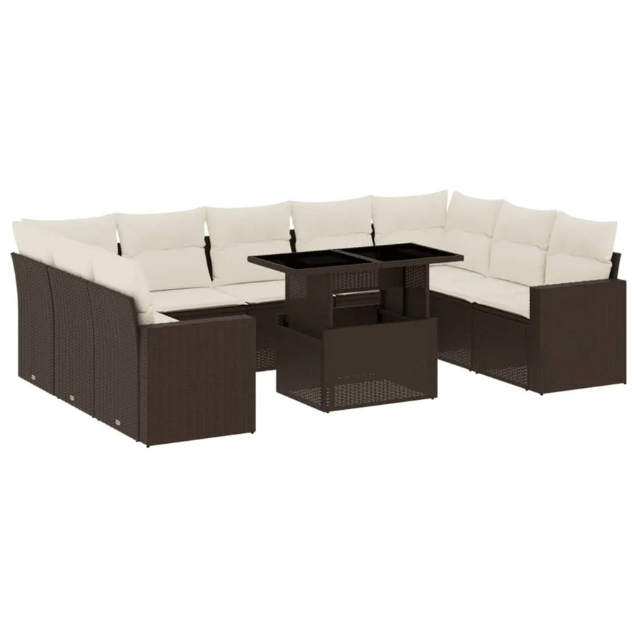 vidaXL 10-tlg. Garten-Sofagarnitur L-Form aus braunem Poly-Rattan mit cremeweißen Kissen - Bild 2