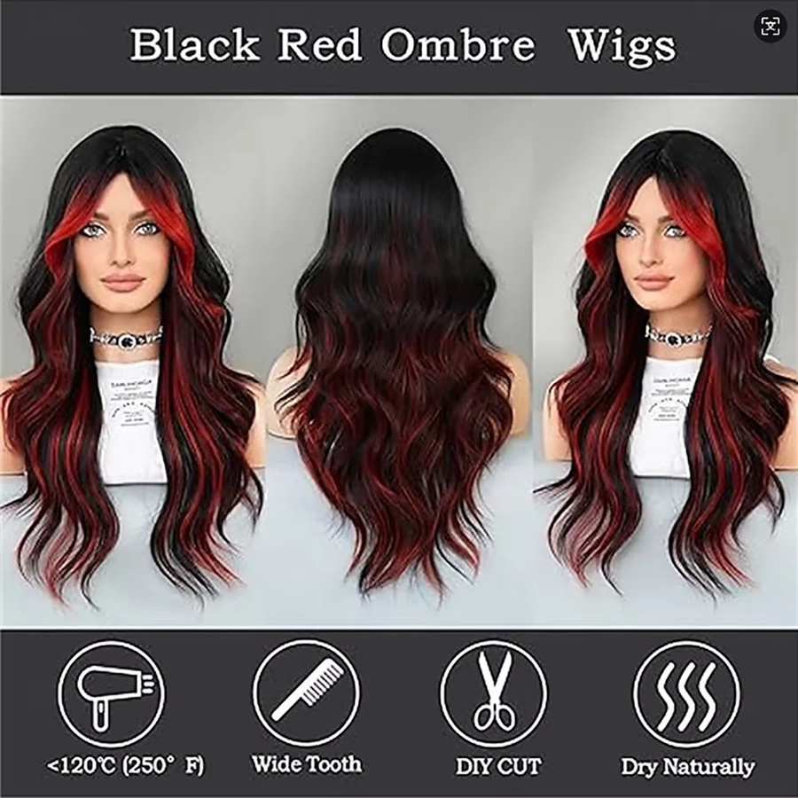 Hairjoy Ombre-Synthetik-Perücke, gewellt, Vorhang-Pony, schwarz-rot, 66 cm - Bild 3