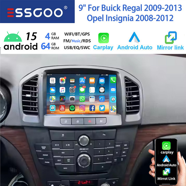 ESSGOO Android 15 Autoradio mit 9 Zoll Display, 64G Speicher, Wireless Carplay und Android Auto, GPS, Bluetooth, WIFI und RDS für Buick Regal und Opel Insignia 09-12, Schwarz - Bild 1