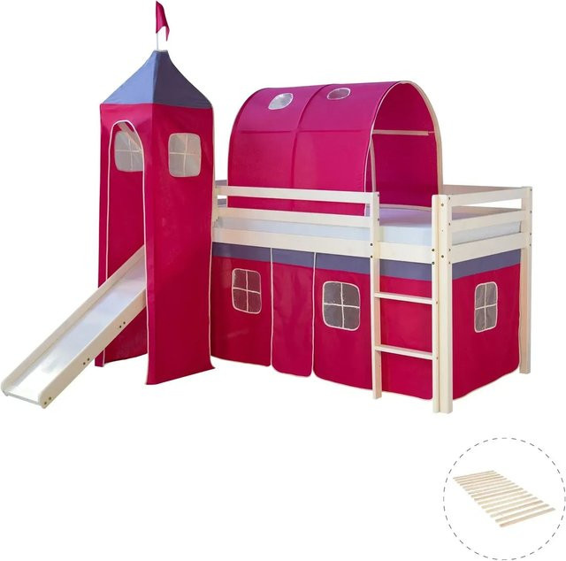 Homestyle4u Hochbett für Kinder aus Kiefernholz mit Rutsche, Tunnel, Turm und Vorhang in Weiß, B/T/H: 207,5 x 96,5 x 110 cm - Bild 1