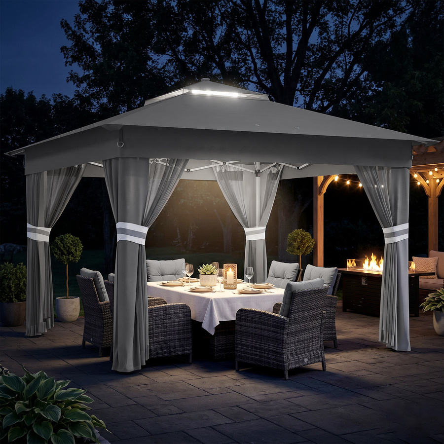 Outsunny Faltpavillon Dunkelgrau mit LED, 4 Netzvorhängen, Seitenwand und Wassersack, B/T/H: 300 x 300 x 192 cm - Bild 2