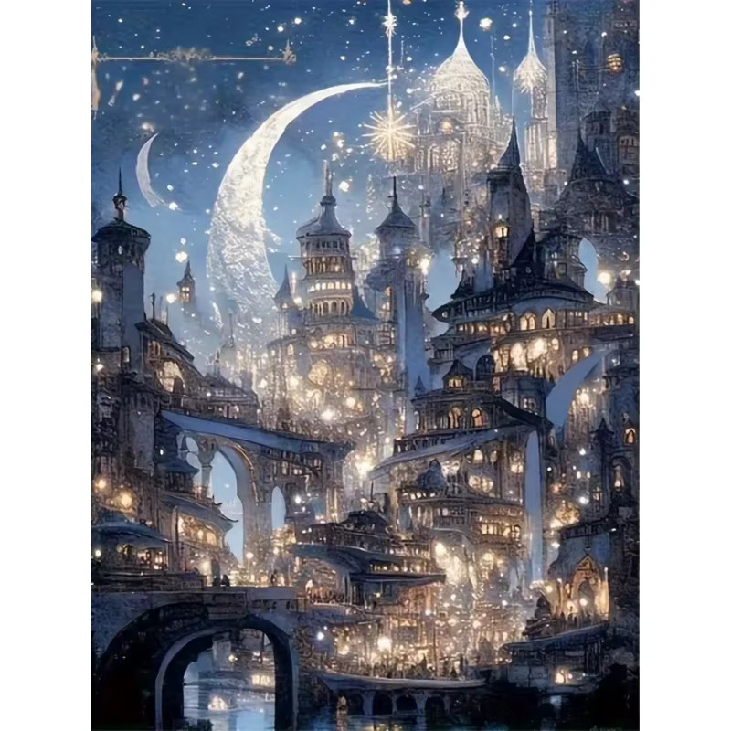 DIY Diamantmalerei Schloss und Mond als Diamantstickerei für deine Heimdekoration, Motiv Landschaft, B/H: 30,0 x 20,0 cm - Bild 2