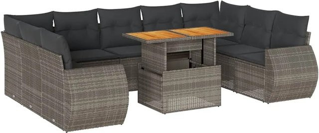 vidaXL 10-tlg. Garten-Sofagarnitur in L-Form aus Polyrattan und Akazienholz mit Kissen in Grau - Bild 1