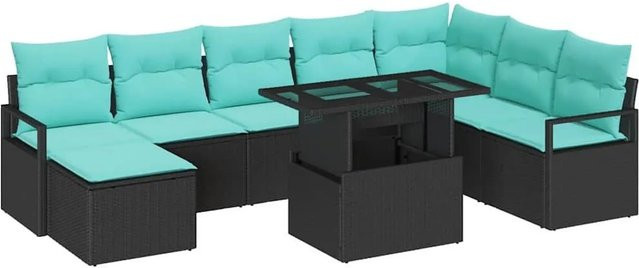 vidaXL Garten-Sofa-Set aus Polyrattan in U-Form mit 9 Teilen, Schwarz und Blau, inklusive Kissen und Stauraum - Bild 1