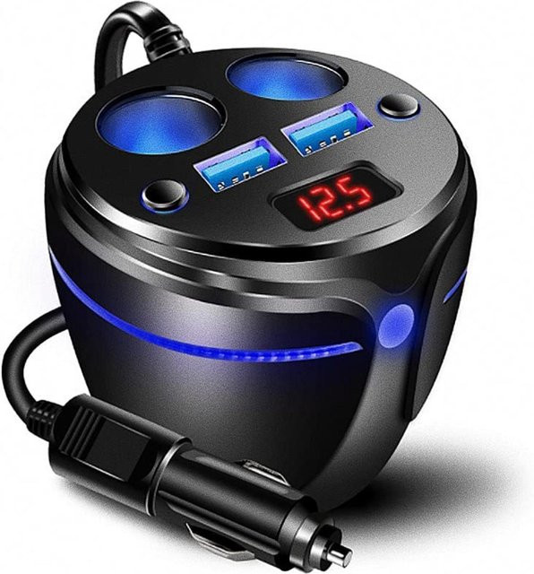 JadeBamboo Zigarettenanzünder-Adapter mit 2 USB-Schnellladestationen und 2 Steckdosen inklusive LED-Spannungsanzeige für 12-24V in Schwarz - Bild 1