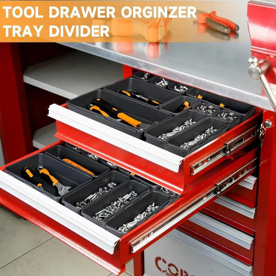Schreibtisch-Schubladen-Organizer Set aus Kunststoff mit 5 verschiedenen Größen und ineinandergreifenden Trennwänden zur Aufbewahrung von Werkzeug und Kleinteilen - Bild 5