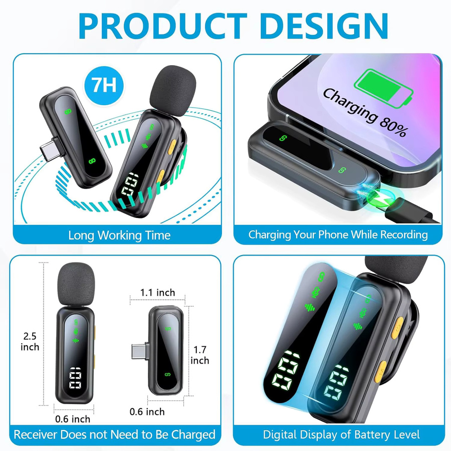 HITOZON Kabelloses Lavalier-Mikrofon in Schwarz mit USB-C Anschluss und LED-Leistungsanzeige für Content Creator und Live-Streaming - Bild 3