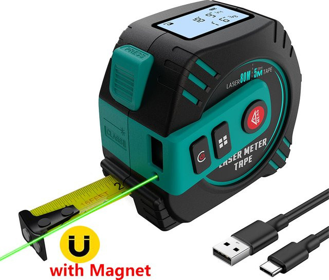 2-in-1 wiederaufladbarer Laser-Entfernungsmesser mit 80m Reichweite und 5m Maßband, grüner Laser-Entfernungsmesser mit LCD-Display und Magnet - Bild 1