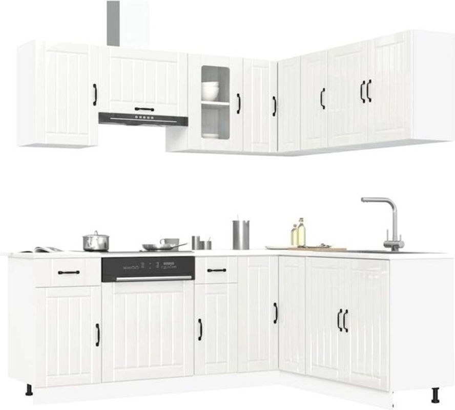 11-teiliges Küchenschrank-Set Kalmar von Vidaxl in Hochglanz-Weiß aus Holzwerkstoff mit Glas und Drehtüren im modernen Landhausstil - Bild 1