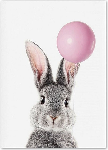 TPFLiving Poster Leinwand mit Tiermotiven wie Hase, Waschbär, Gans, Katze, Ente, Reh, Hund oder Panda mit Luftballon, Mehrfarbig, Breite: 30 cm, Höhe: 40 cm - Bild 1