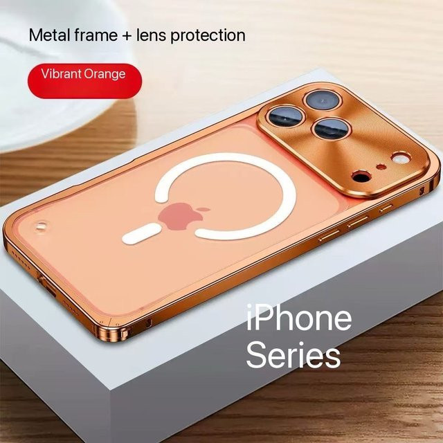 Halbtransparente MagSafe Schutzhülle aus Aluminiumlegierung für iPhone 17 Pro Max in Orange und Transparent - Bild 1
