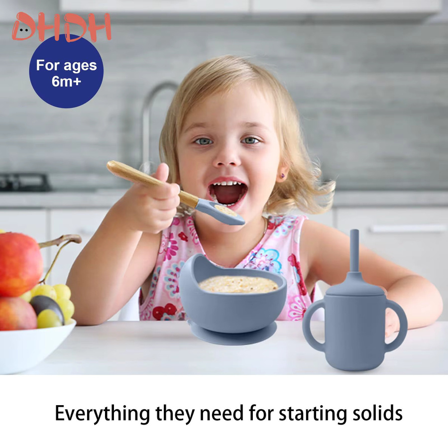 DHDH Silikon Baby Fütterung Set in Blau mit Teller, Löffel, Gabel, Becher und Lätzchen für die Beikostzeit - Bild 2