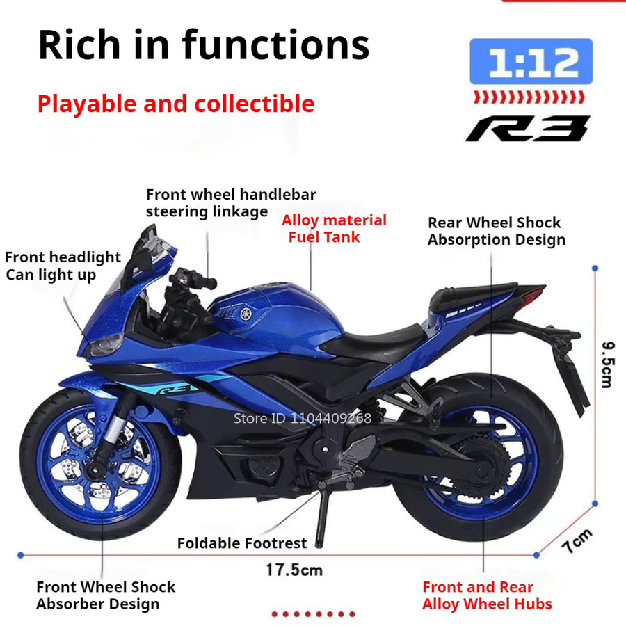 RMZ city Motorradmodell R3 R1 im Maßstab 1:12 aus Metall mit Sound und Licht in Schwarz oder Blau - Bild 1