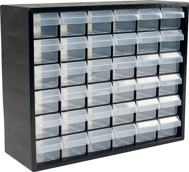 LUX-TOOLS Sortierkasten aus Kunststoff mit 36 transparenten Schubladen in Schwarz - Bild 1