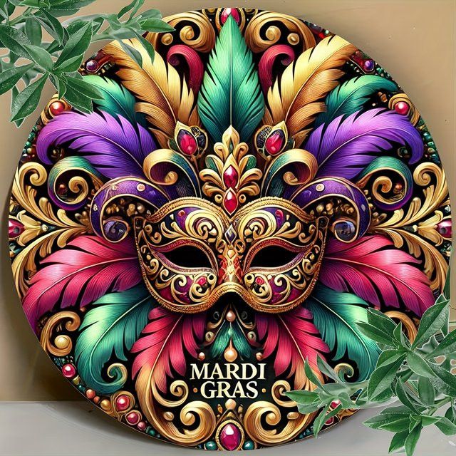 Potdemiel Vintage Mardi Gras Maske Wandkunst aus Aluminium in Gold, rundes dekoratives Schild, Durchmesser: 20,32 cm - Bild 1