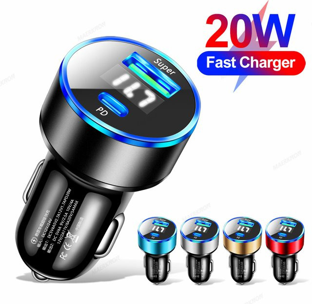 USB-PD-Autoladegerät mit 2 Ports und LED-Voltmeter in Schwarz, 3,1 A, für 12–24 V mit USB-C Anschluss - Bild 1