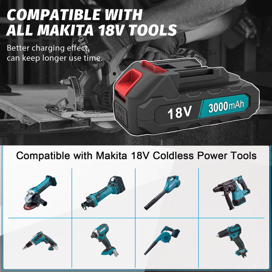 2er-Pack Ersatzakku für Makita 18V Akku-Werkzeuge mit 3000mAh und USB-C-Ladeanschluss, Schwarz - Bild 4