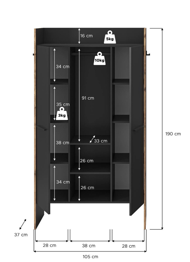 Inn.Furn Garderobe Salud in Grau und Nox Eiche, B/H: 105 x 189 cm - Bild 6